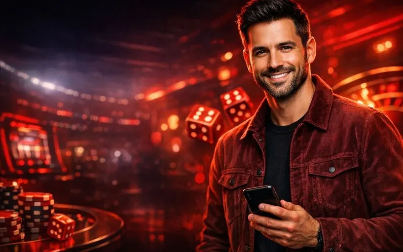 Personaggio Powerbet con smartphone, tema app mobile