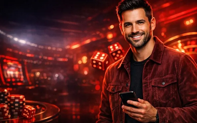 Personaggio Powerbet in smoking rosso con promozioni casino