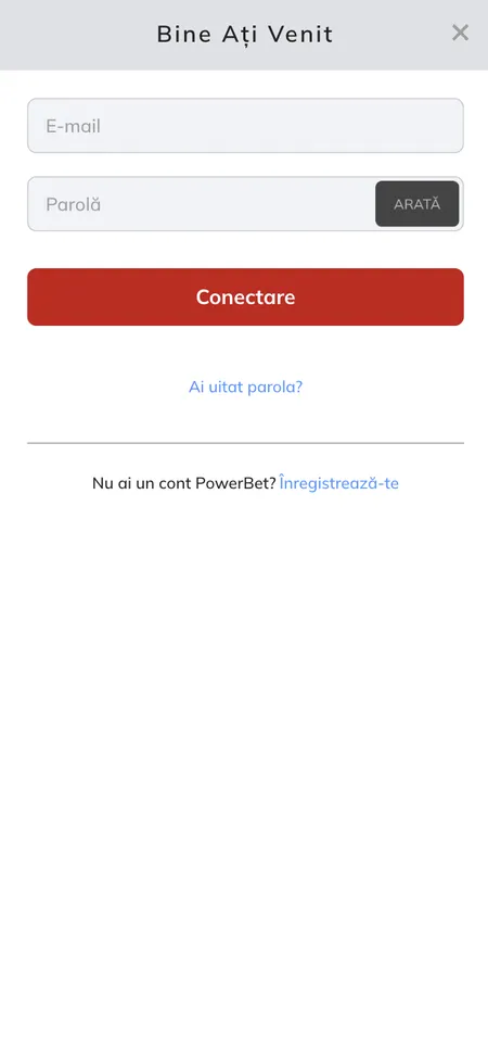 Schermata di login Powerbet con campi email e password