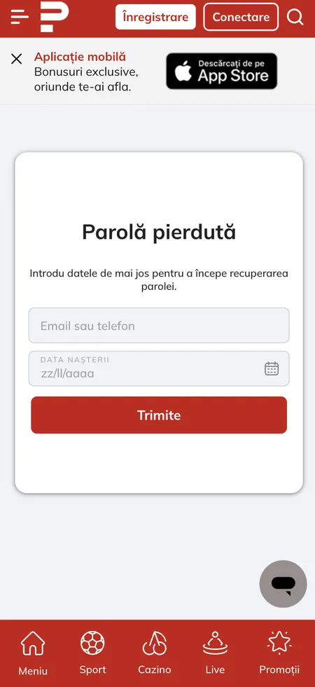 Modulo recupero password Powerbet con campi email e data di nascita