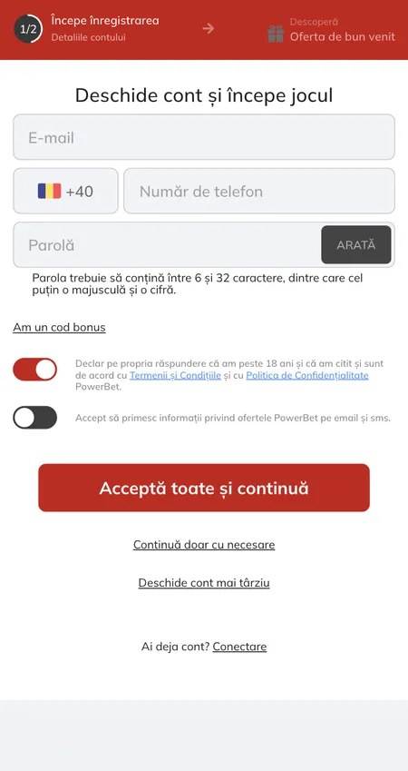 Form registrazione Powerbet step 1